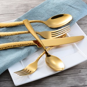 Hand Forged Gold Hammered Stainless Steel Flatware Set for Wedding
