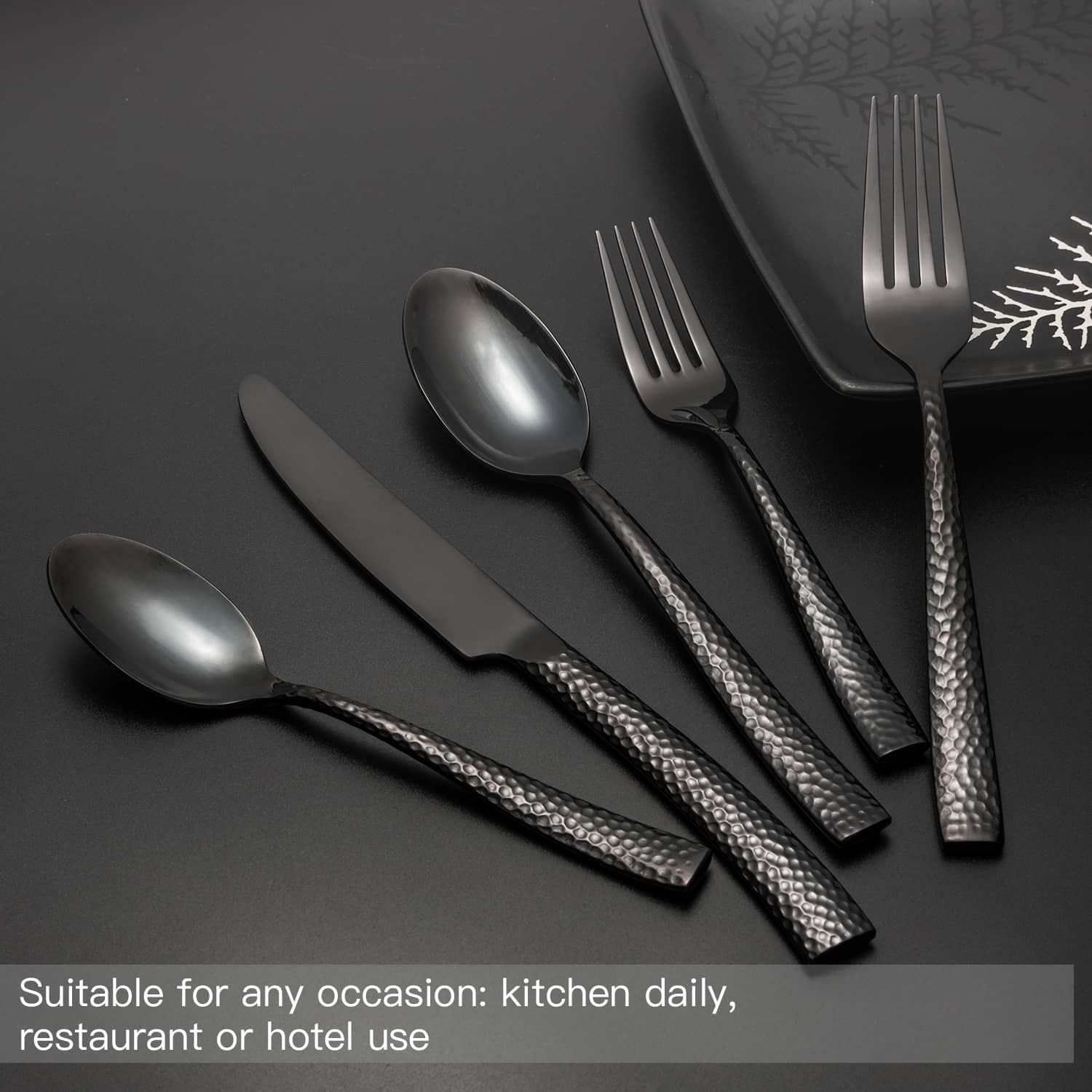 Hot sale Stainless Flatware - Black Hammered Stainless Steel Flatware Set for Wedding Party Home – Liou detail pictures