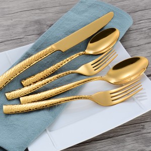 Hand Forged Gold Hammered Stainless Steel Flatware Set for Wedding