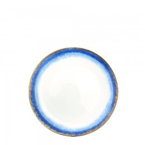 Yüksək keyfiyyətli mavi çimərlik dəyirmi sümük çini boşqabları keramika nahar şarj cihazı boşqabları