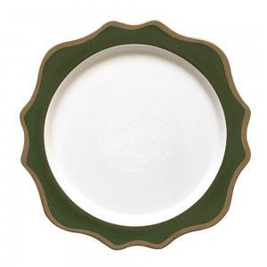 Veľkoobchodná vojenská zelená slnečnica zlatá ráfik kostná porcelánová keramická nabíjačka tanierov na svadbu