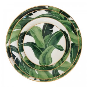 Green banana leaf pattern gold rim bone china plates for wedding