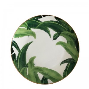 Green banana leaf pattern gold rim bone china ma plates emuchato