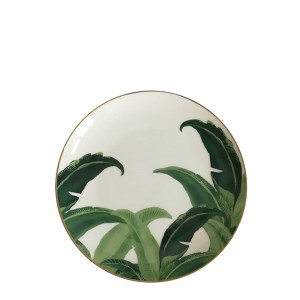 Green banana leaf pattern Gold rim bone china plates ho an'ny mariazy