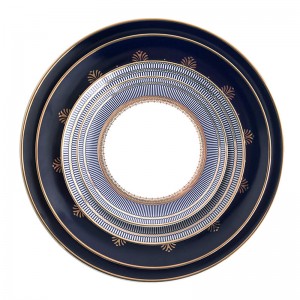 Platos de vajilla de porcelana azul con borde dorado, plato de cerámica de porcelana china