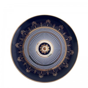 Prato de porcelana de osso de cerâmica com borda dourada Pratos de louça de porcelana azul