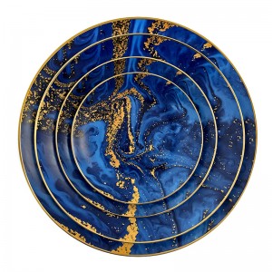 High quality gold rimmed blue ceramic dinnerware bone china plates for wedding