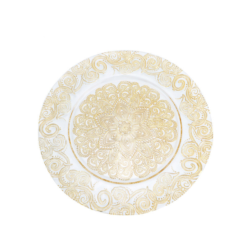 Hollow shaped flower wedding decoration gold under plate glass charger plates Featured Image