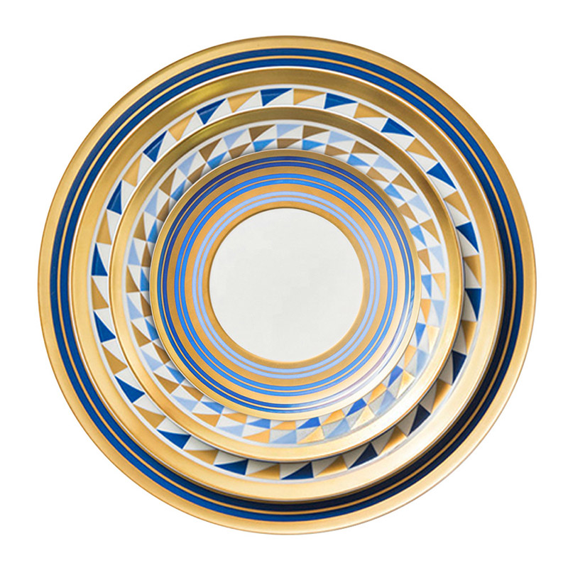 Wholesale kaleidoscope pattern gold rim round bone china ceramic plates Featured Image