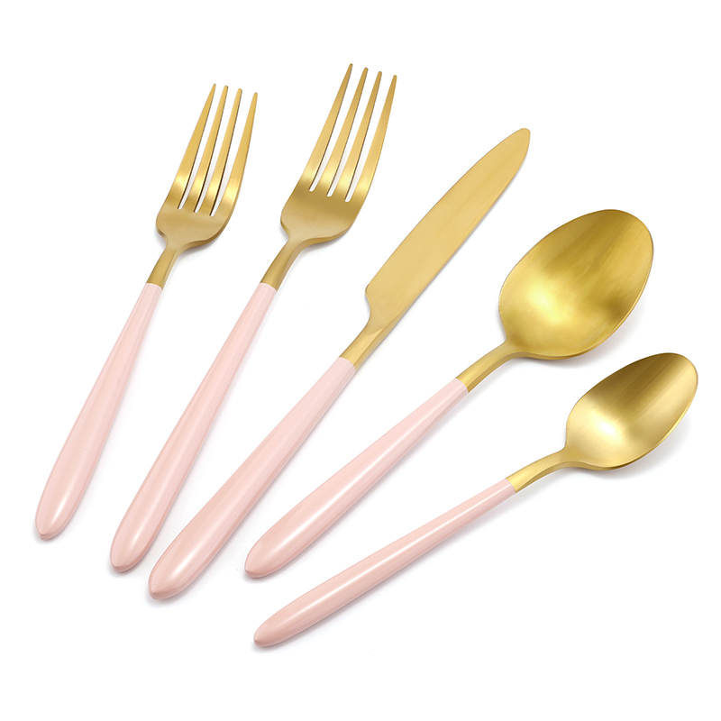 Wholesale Morden Bulk Stainless Steel Matte Finished Gold and Pink Flatware Set Featured Image