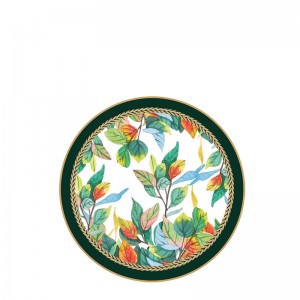 Conjunto de pratos de porcelana verde com borda dourada estilo retrô para casamento