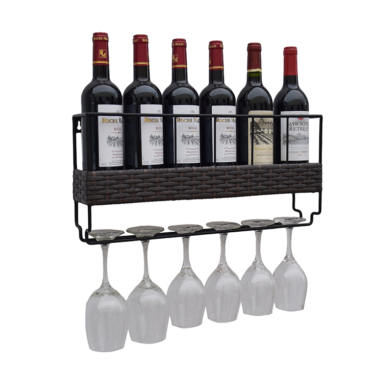 Wall Mounted 6 Wine Rack with 6 Wine Glass Holder Metal & Wicker Woven Featured Image