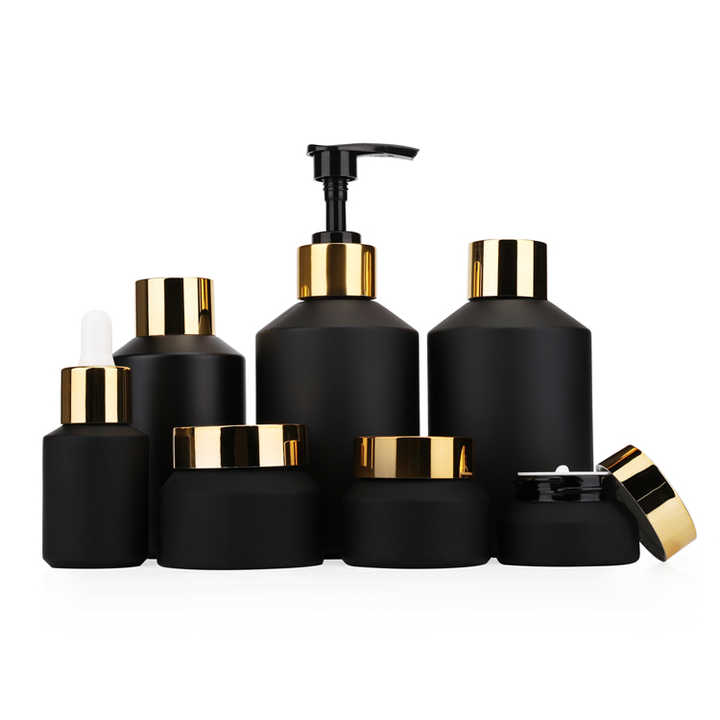Black skincare pump spray serum bottle cream jar set packaging 