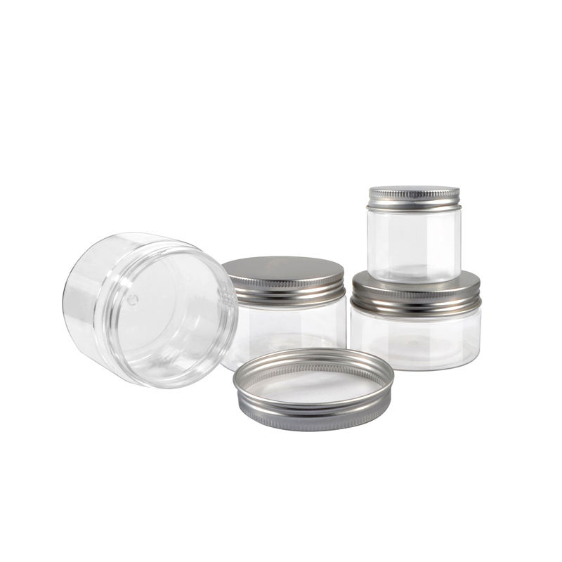 Clear Round Cosmetic Container PET Plastic Jar with Aluminium Lid AJM018