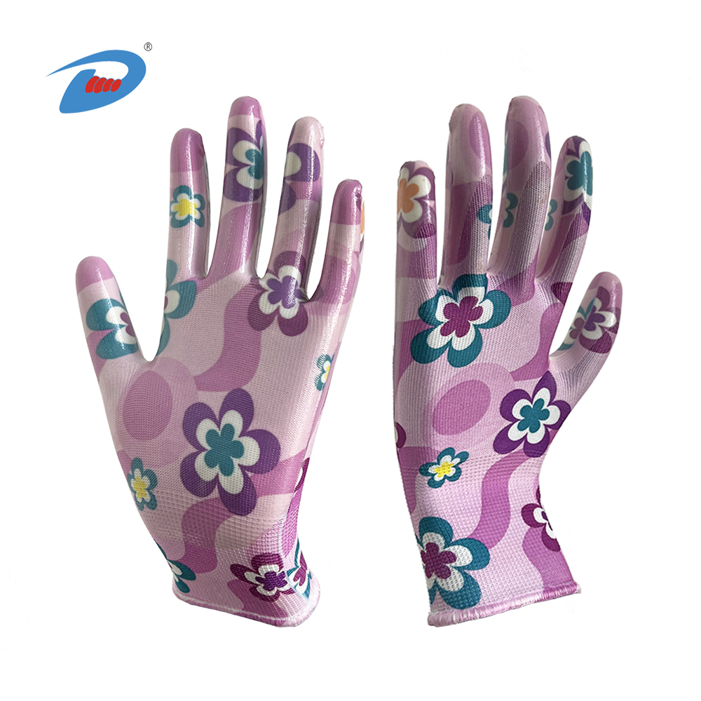 Wholesale Flower Pattern Polyester Lining Nitrile Coated Garden Gloves Featured Image