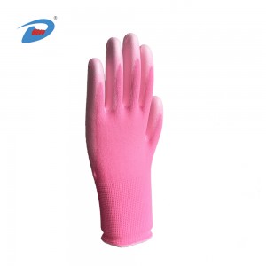 13G pink  polyester liner  Pink PU palm coated