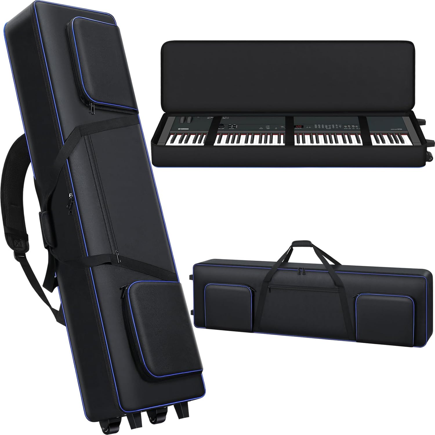 88 Key Keyboard Case with Wheels (53″x14.5″x7″) | 88 Key Keyboard Rolling Bag with 3-Pocket | Padded Piano Case Keyboard Gig-Bag with Handles & Adjustable Shoulder Straps