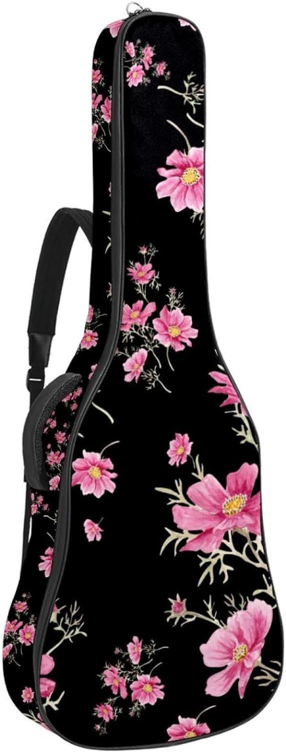 Acoustic Guitar Bag Waterresistant Dual Adjustable Shoulder Strap Guitar Case Bag,Black Pink Flowers and Grass