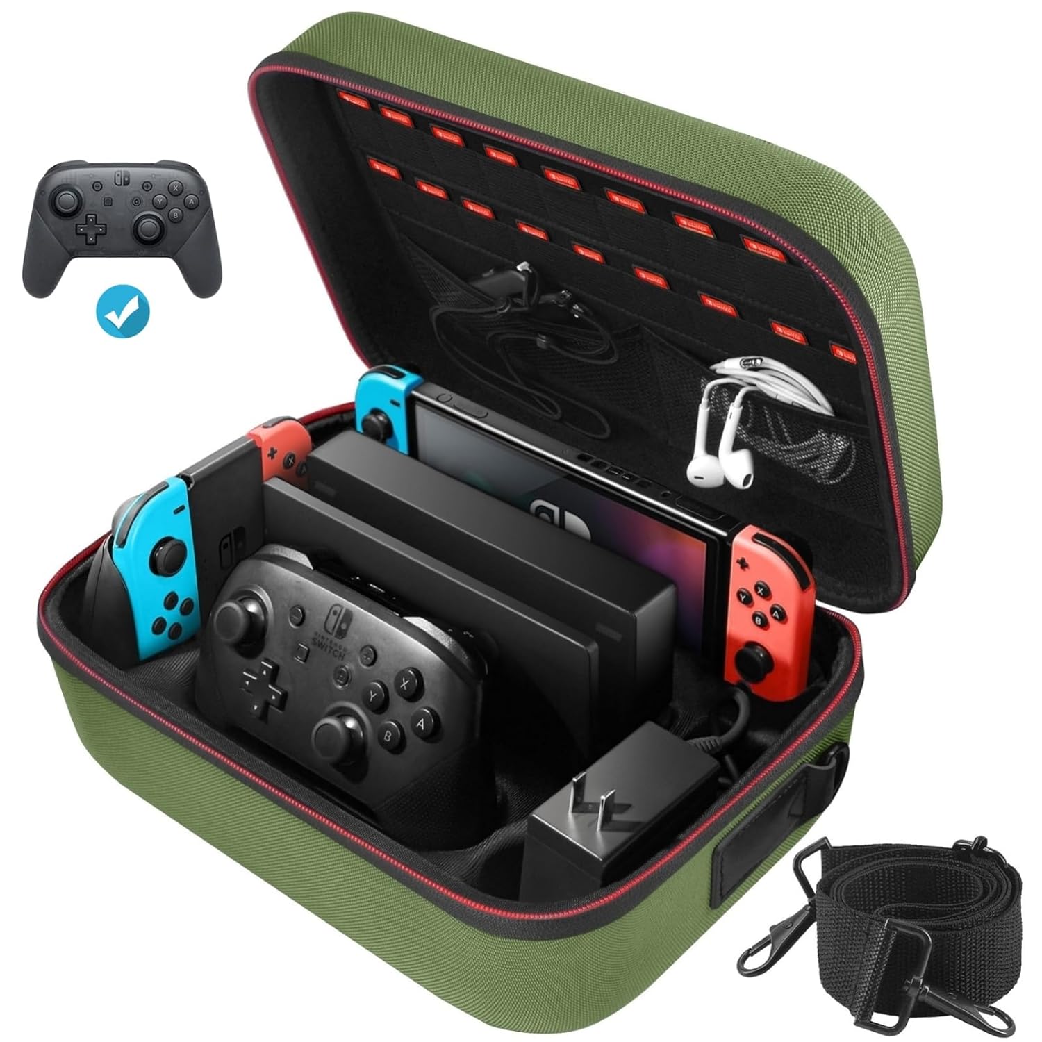 Switch Box Nintendo Switch and Switch OLED model, portable fully protected carry travel bag 20 game card storage Switch console Pro Controller Accessory Green