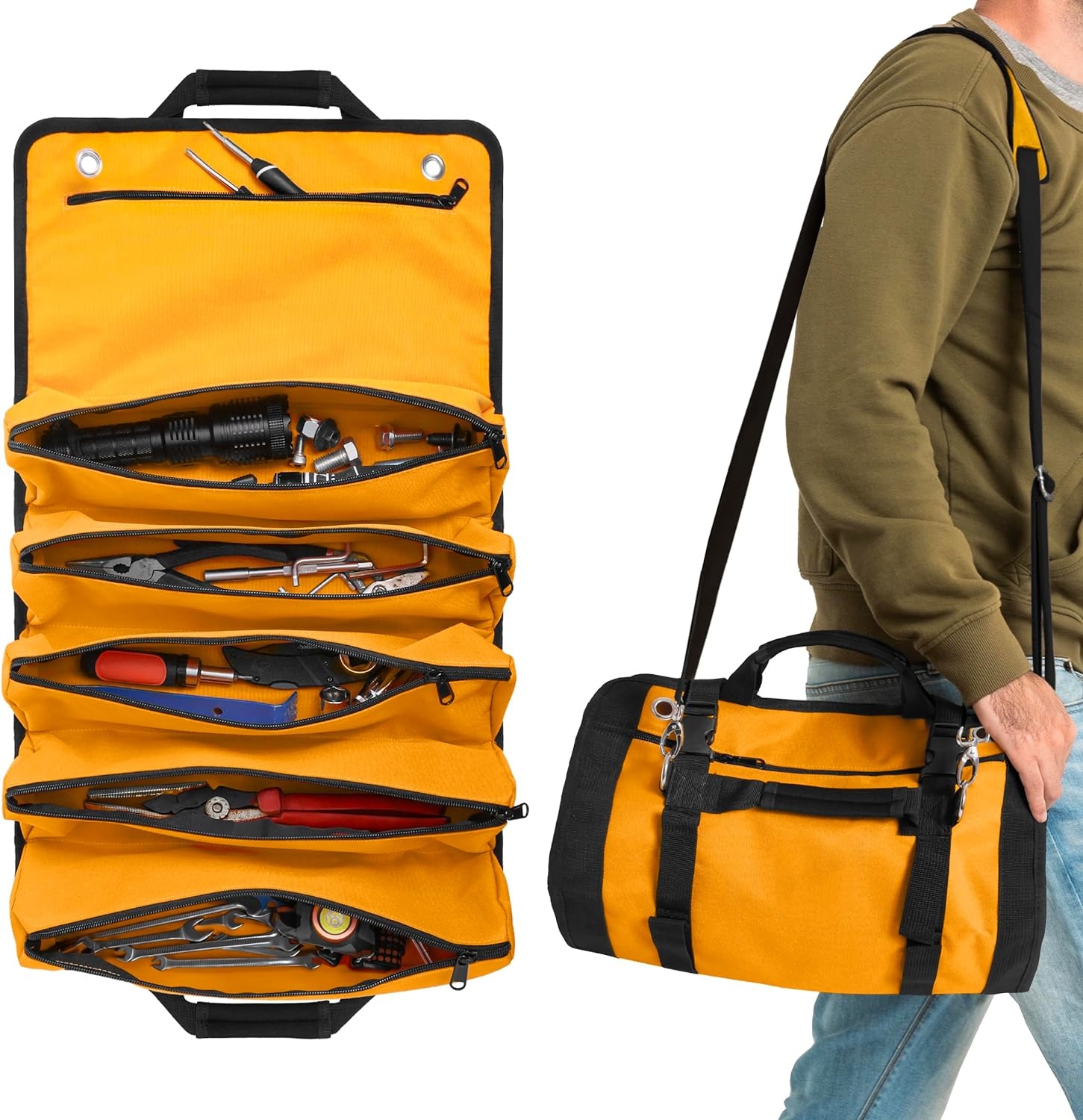 Heavy Duty Tool Roll Bag Organizer – Reise roll up verktøypose med 6 Zip Organizer Pouches