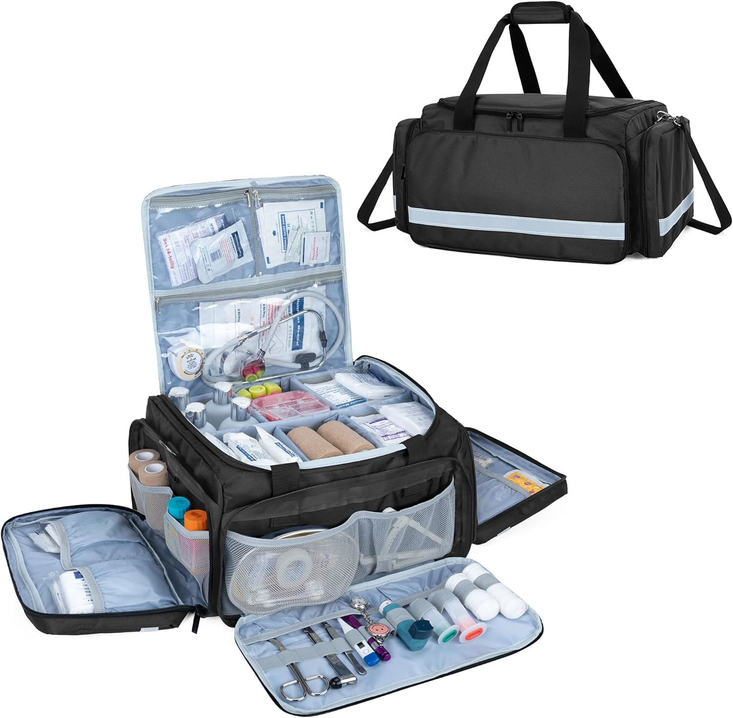 กระเป๋า Responder แรก, กระเป๋าใส่ทางการแพทย์ Pro, กระเป๋าชุดปฐมพยาบาลพร้อมช่องแบ่งด้านในสำหรับการดูแลชุมชน, พยาบาลสุขภาพที่บ้าน, กระเป๋าเท่านั้น, EMT, EMS, สีดำ - การออกแบบที่จดสิทธิบัตร