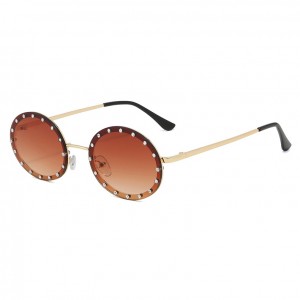 Round Sunglasses Rhinestone Metal Frame Rimless Sun Shades for Women