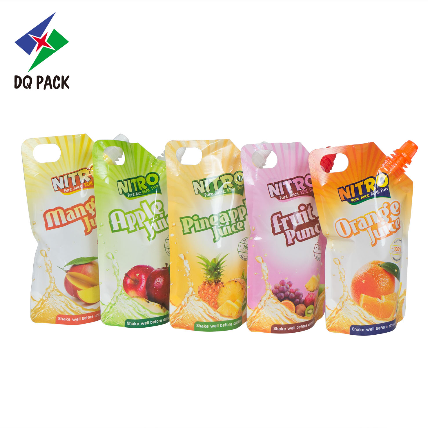 DQ PACK Colorful Design 200ML Juice Stand Up Liquid Spout Pouch With Patch Handle Plastic Packaging Bag Featured Image