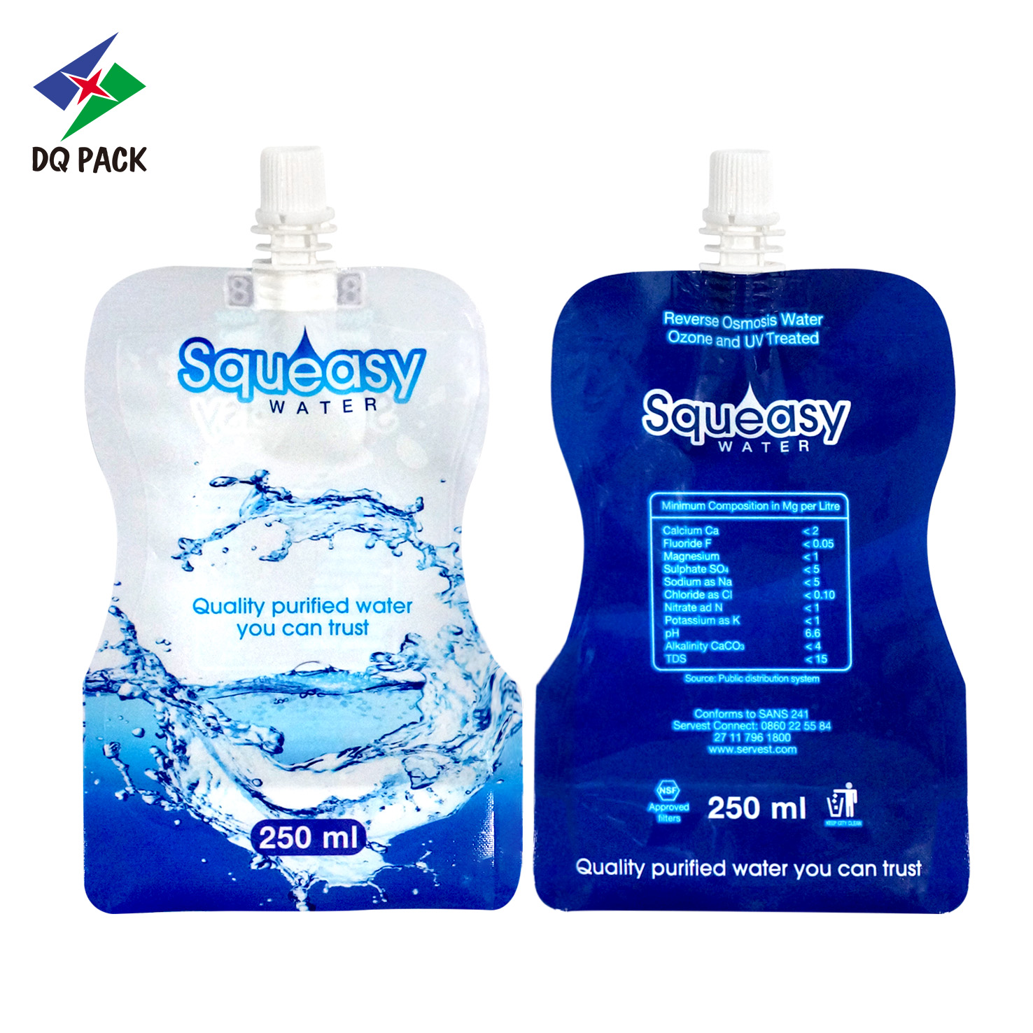 DQ PACK OEM Design Water Packaging Bag 250ML Plastic Stand Up Spout Pouch Special Shape Poly Bag