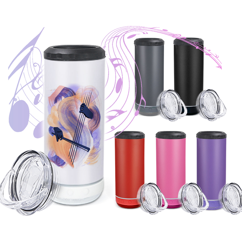 Custom Logo 16oz Sublimation Blank bluetooth 4 In 1 Straight Skinny Stainless Steel Insulated Can Cooler Speaker