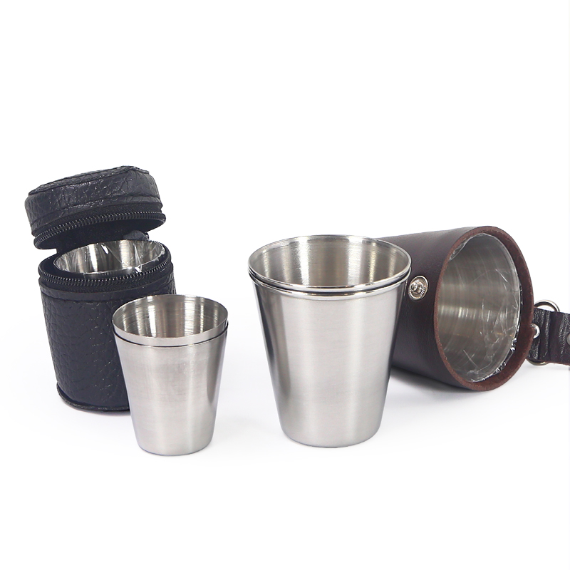 Custom logo Silver Portable Travel Drinking Cups Shot Glass with Black Leather cheap Stainless steel mini wine shot glass set
