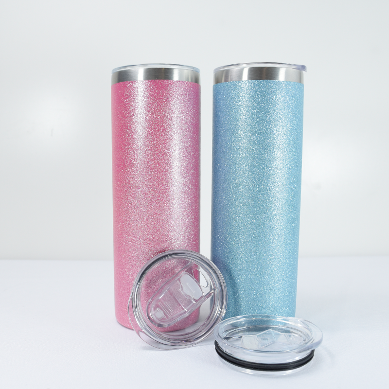 double wall vacuum insulated stainless 20oz total straight glitter powder coated skinny tumbler with leakproof  lid