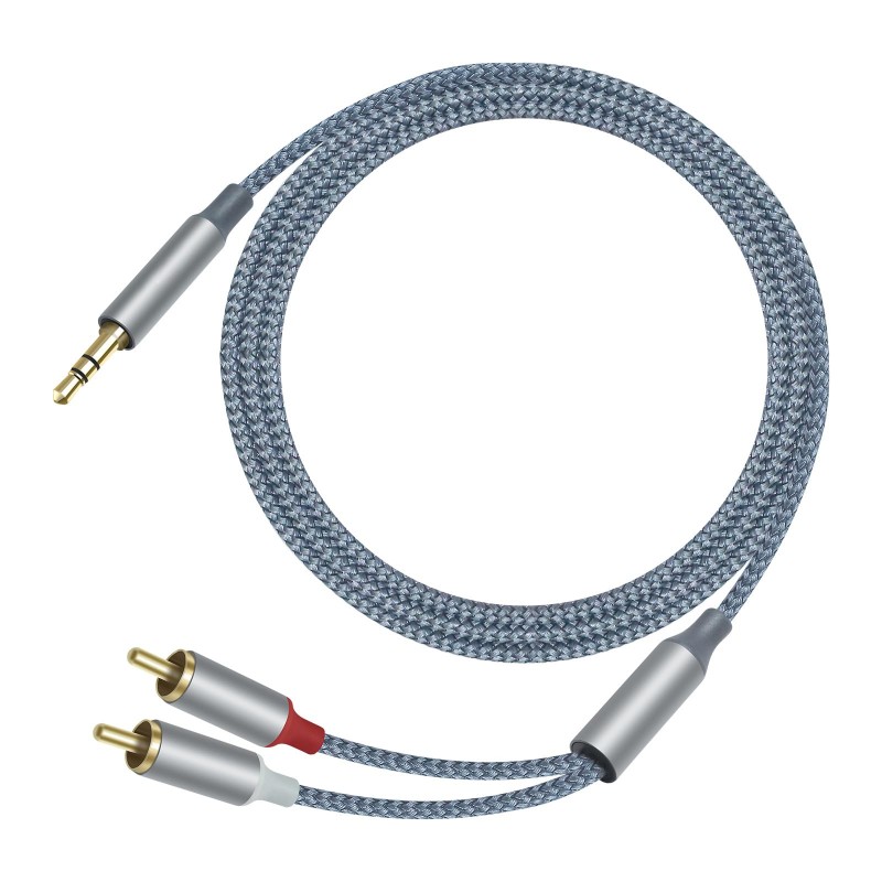 Nylonový opletený šedý audio kabel 3,5 mm 3 pólový TRS Aux na 2 RCA audio splitter kabel převodník