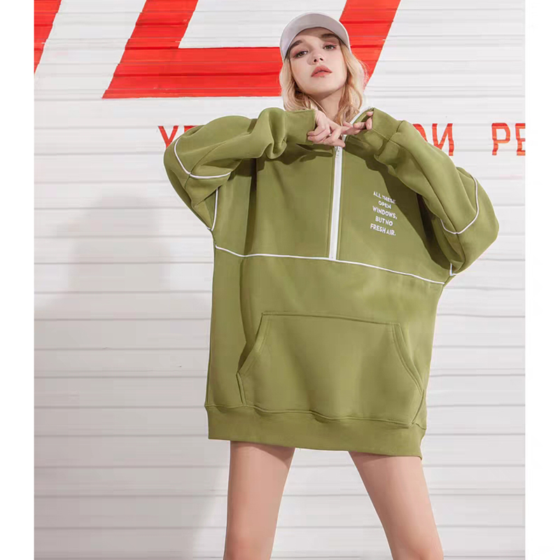 Factory wholesale 2 Color Hooded Sweatshirt - 2021 autumn winter Hip hop women fleece streetwear pullover half zipper Drop Shoulder oversized hoodie – Dufiest