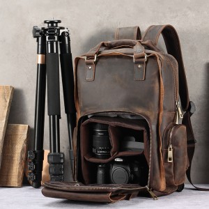 High Quality Customized Multifunctional Crazy Horse Leather Backpack with Detachable Camera Bag