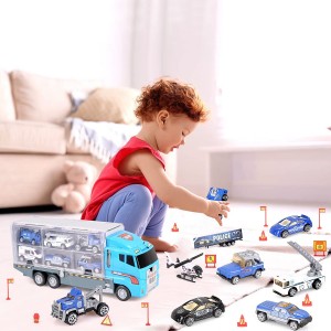 BeebeeRun Police Truck Set Die-Cast 23 in 1 Carrier Truck Police Patrol Rescue Vehicles Car Toys with Traffic Warning Sign for Boys 3+ Years Old