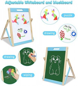 Arkmiido Kids Tabletop Wooden Easel Small，Portable Kids Easel Educationcal Magnetic Chalkboard & Whiteboard Double Sided with Chalk, Markers, Eraser for Kids Toddlers Writing & Drawing 3+