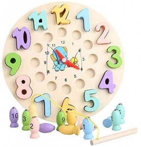 Arkmiido Wooden Magnetic Fishing Game with Number Color Sorting Clock Wooden Fishing Toy for Kids, Montessori Toys for Toddlers, Teaching Time Number Blocks Puzzle Stacking Educational Learning Toy...