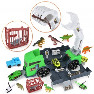 BeebeeRun Transporter Dinosaur Carrier Truck – 7 Dinosaurs and 6 Vehicles Dino Play Toy for Kids 3 4 5 Year Old, Dinosaur Capture Car with Manipulator, Helicopter, Cage, Gift for Boys