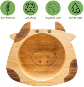 Children’s Bamboo Dishes Set Children’s Bowl with Suction Cup Baby Spoon (Cow)