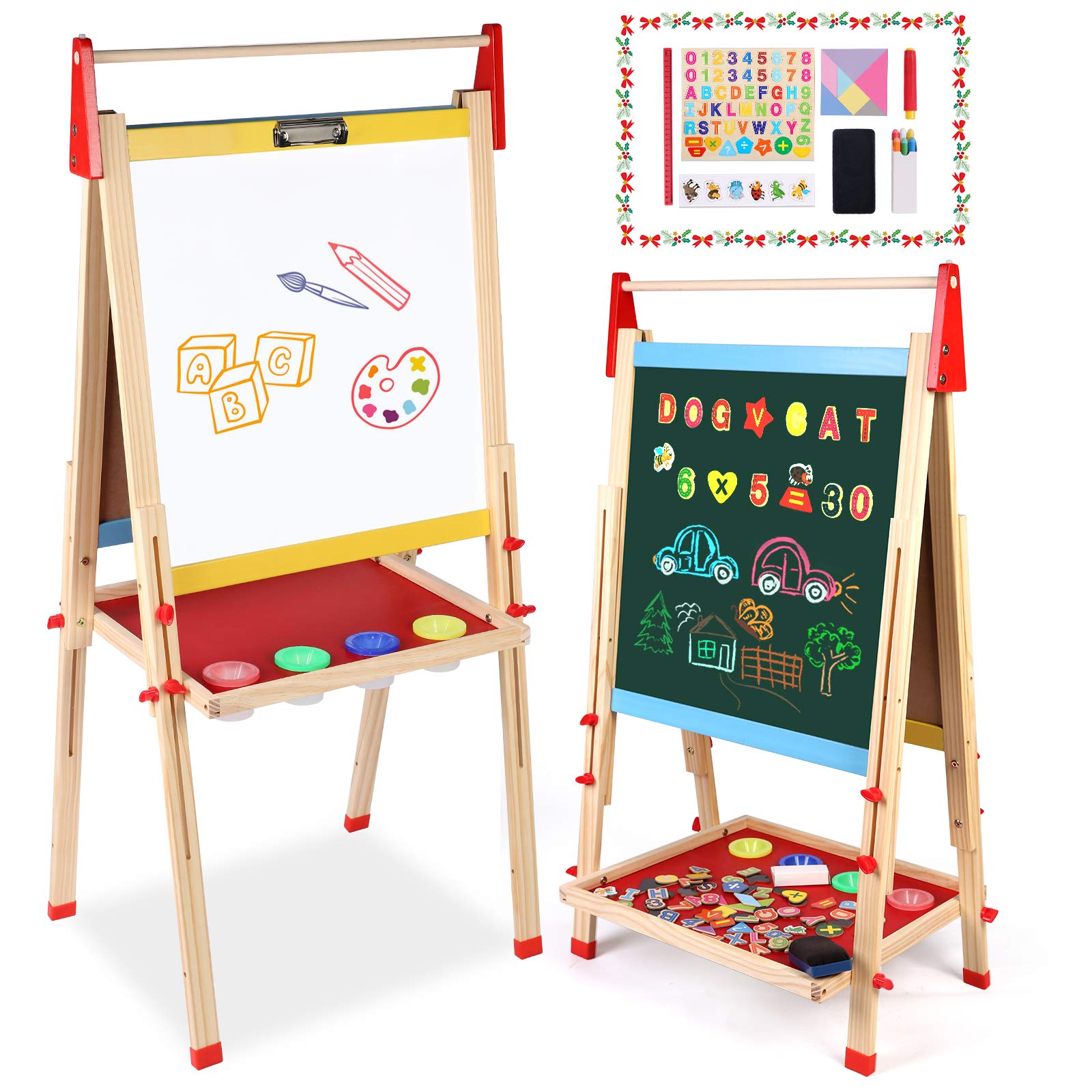 Kids Wooden Art Easel Double-Sided Whiteboard and Chalkboard Adjustable Standing Easel Painting Drawing Board with Paper Roll Holder Magnetic Letters and Numbers Accessories for Boys and Girls Featured Image