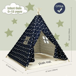 Teepee Tent for Kids Foldable Play Tent for Boys and Girls with Plush Mat Playhouse for Kids Indoor and Outdoor (Navy Blue)
