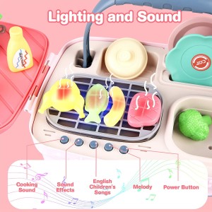 BeebeeRun Kids Picnic & Kitchen Playset,Portable Pinic Basket Toys with Musics & Lights, Color Changing Play Foods,Play Sink,Pretend Play Oven and Other Kithcen Accessories Toys for Girls and Boys
