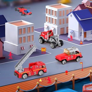 BeebeeRun Fire Truck Set Die-Cast 31 in 1 Carrier Truck Rescue Emergency Fire with Traffic Warning Sign Mini Plastic Firefighter for Boys 3+ Years Old