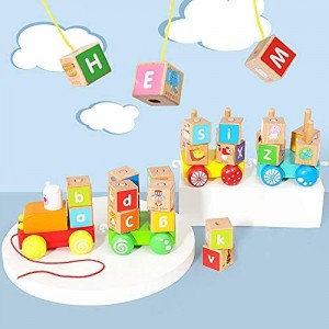 Arkmiido Wooden Building Blocks,Pull Along Wooden Train Toys,26 PCS Alphabet Letters Block Set Montessori Educational Toys for 3 Years Old
