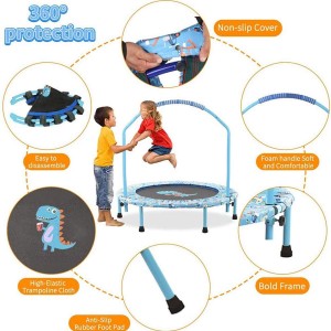 LBLA Mini Trampoline for Kids 38 inches Foldable Trampoline with Adjustable Handrail and Safety Padded Bungee Rebounder Toddlers Trampoline Indoor/Outdoor (Blue)