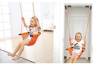 Kids Swing, Swing Seat for Kids with Adjustable Ropes, Hand-kitting Rope Swing Seat Great for Tree, Indoor, Playground, Background (Orange)