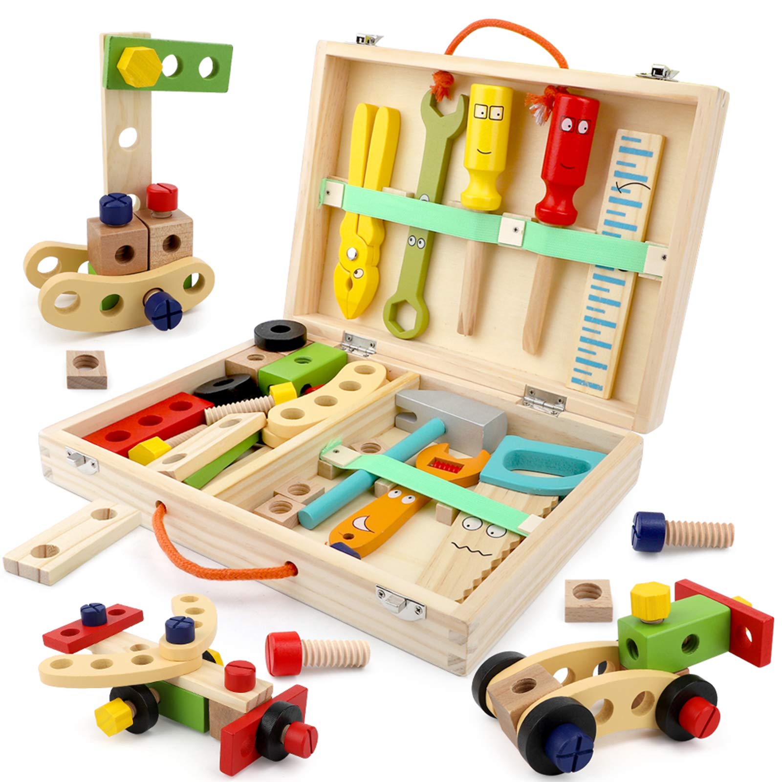 Best Price on Unfinished Wooden Toys - BeebeeRun Tool Kit for Kids Wooden Tool Box Set with Colorful Tools Pretend Play Toys Gifts for Toddlers Boys Girls Educational Construction Toy – Ealing