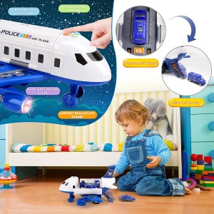 BeebeeRun Airplane Toys for Kids, 5-in-1 Transport Cargo Airplane with Police Cars Toy Set for 3 4 5 6 Years Old Boys Girls, Educational Toy Plane with Lights & Sounds, Birthday Party Favor Gift