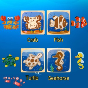LBLA 4 Packs Wooden Sea Animals Puzzle Toys Wooden Jigsaw Puzzles Set for Toddlers,Animals Shape Color Puzzle,Montessori Educational Toys Games for Toddler Kids