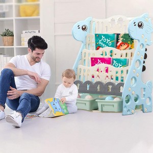 Arkmiido Kids Cartoon Bookshelf with Five Shelves and Two Storage Boxes, a Multifunctional Simple Floor-to-Ceiling Bookcase for Baby and Toddlers, Cute Animal Angel Dragon Theme Blue